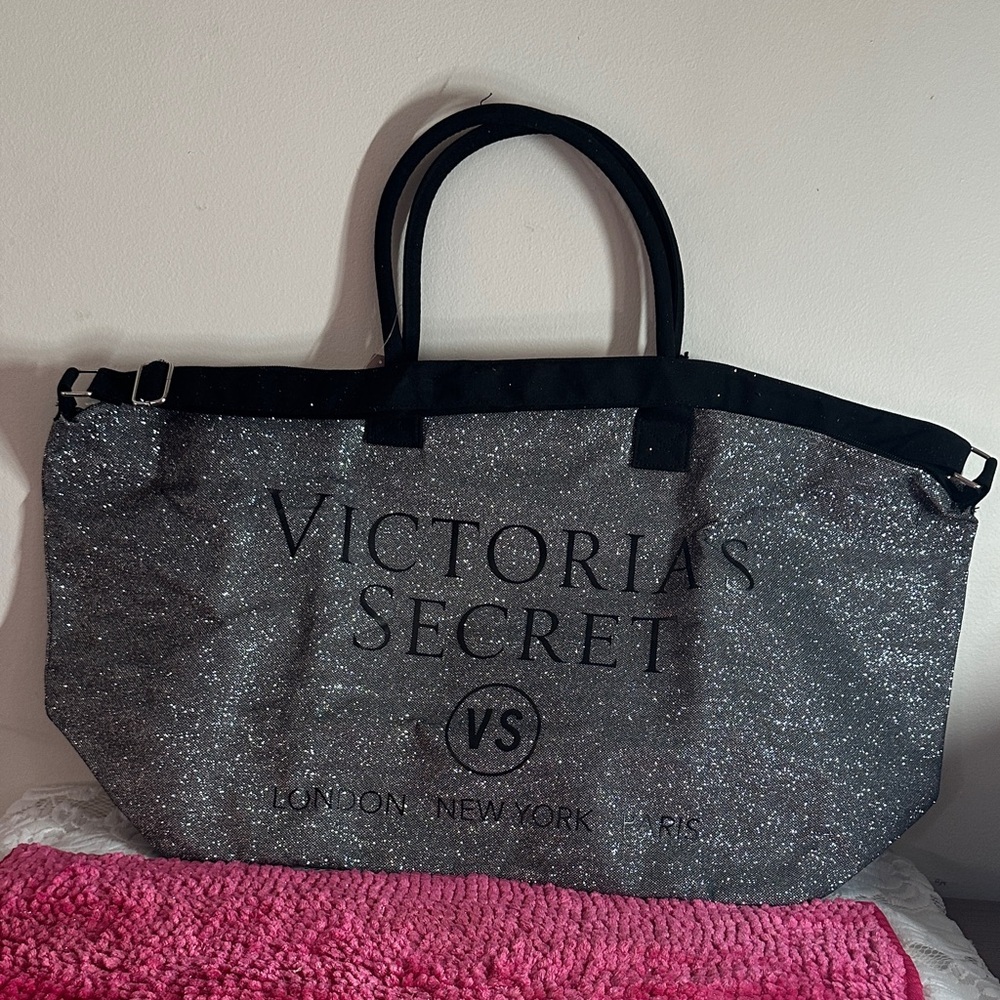 Victoria's Secret sliver glitter oversize weekender tote bag